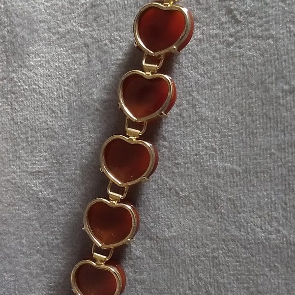 vintage 60s sculptural agate hearts gold links chain bracelet NWOT - Picture 10 of 11
